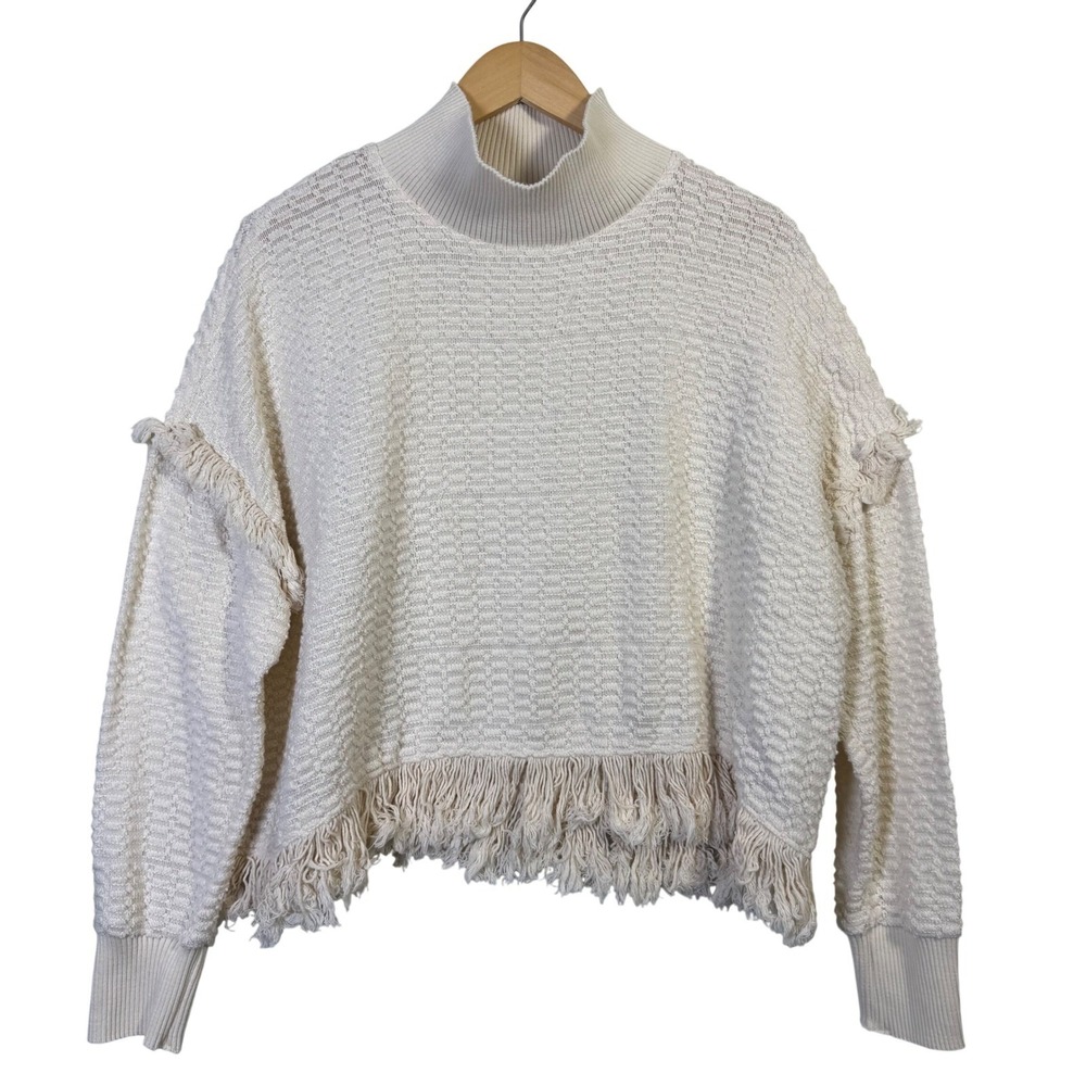Zara Womens Sweater‎ Small Mock Neck Ivory Textured Fringe Trim Pullover BOHO